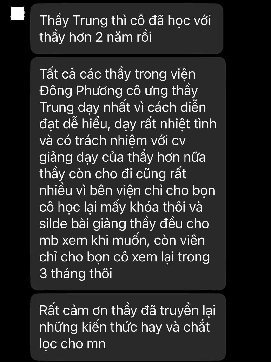 Ảnh chụp màn hình lời cảm nhận của Học viên gắn bó hơn 2 năm