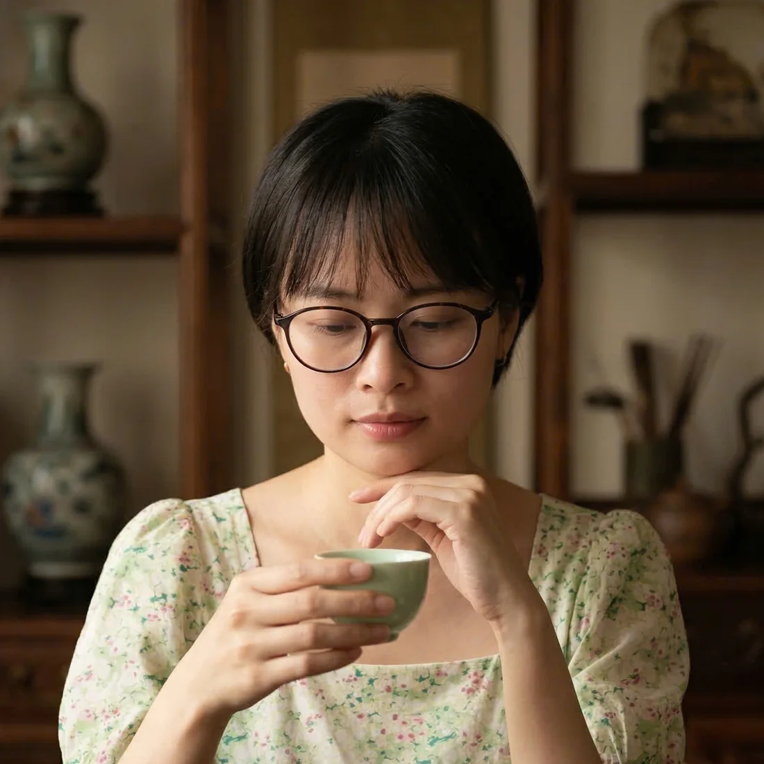 Kiều Oanh Trần bên bàn trà
