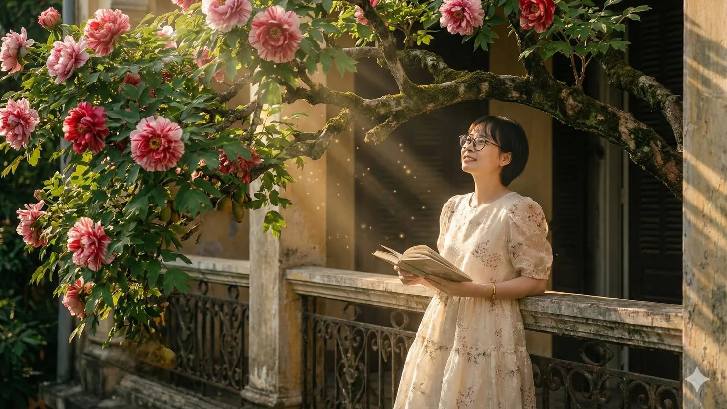 Kiều Oanh Trần bên trang sách dưới giàn hoa