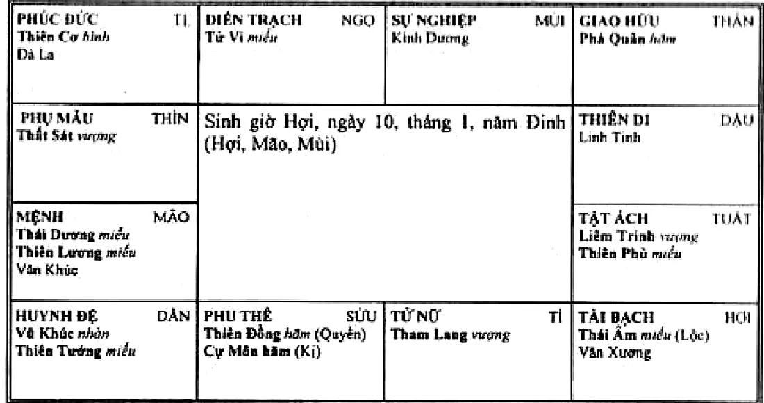 Hình 93: lá số sinh giờ Hợi ngày 10 tháng 1 năm Đinh, mệnh ở Mão có Thái Dương, Thiên Lương, Văn Khúc; tài bạch ở Hợi có Thái Âm Hóa Lộc, Văn Xương