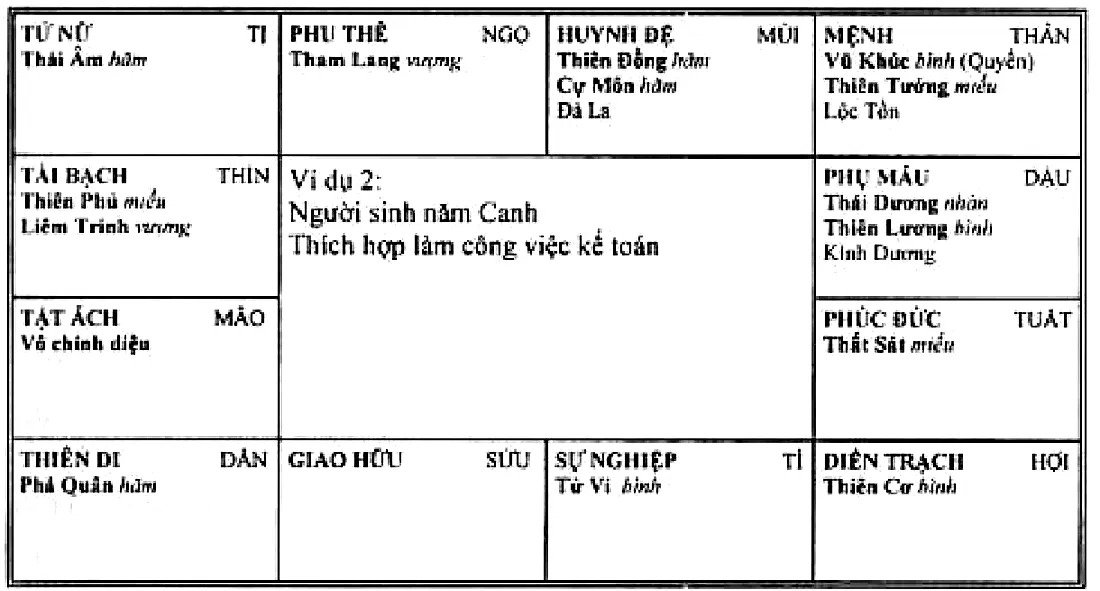 Hình 102: ví dụ 2, người sinh năm Canh, mệnh ở Thân có Vũ Khúc Hóa Quyền, Thiên Tướng, Lộc Tồn; thích hợp làm công việc kế toán