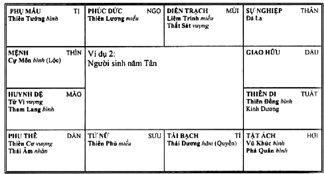 Hình 117: ví dụ 2, người sinh năm Tân, mệnh ở Thìn có Cự Môn Hóa Lộc; thiên di ở Tuất có Thiên Đồng, Kình Dương; tài bạch ở Tí có Thái Dương Hóa Quyền