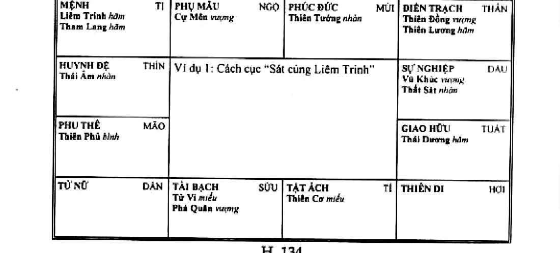 Hình 134: ví dụ 1, cách cục Sát cùng Liêm Trinh, mệnh ở Tị có Liêm Trinh Tham Lang, Vũ Khúc Thất Sát ở Dậu