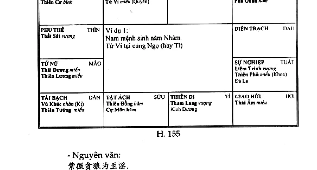 Hình 155: ví dụ 1, nam mệnh sinh năm Nhâm, Tử Vi tại cung Ngọ (hay Tí)