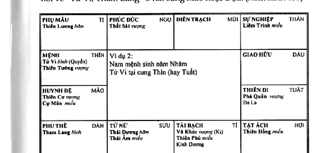 Hình 156: ví dụ 2, nam mệnh sinh năm Nhâm, Tử Vi tại cung Thìn (hay Tuất)