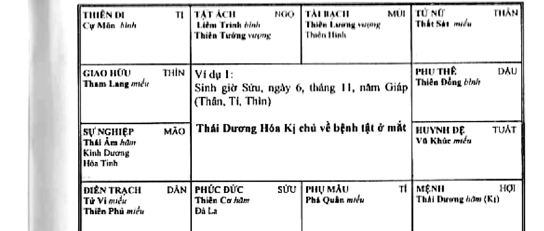 Hình 163: ví dụ 1, sinh giờ Sửu ngày 6 tháng 11 năm Giáp, Thái Dương Hóa Kị chủ về bệnh tật ở mắt