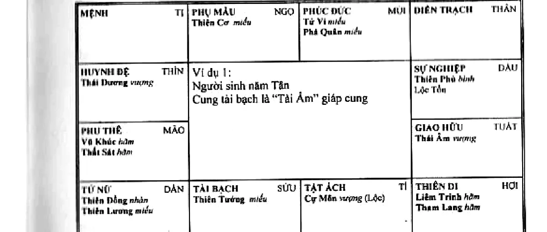 Hình 190: người sinh năm Tân, mệnh vô chính diệu ở Tị mượn Thiên Phủ Thiên Tướng, cung tài bạch là Tài Ấm giáp cung