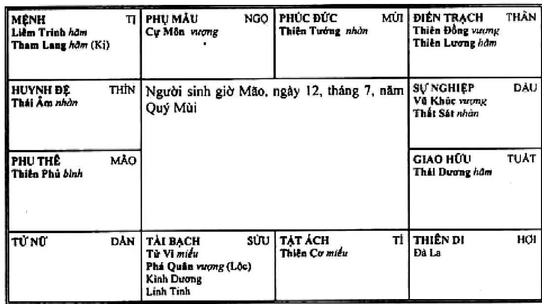 Hình 194: người sinh giờ Mão năm Quý Mùi, Liêm Trinh Tham Lang Hóa Kị thủ mệnh ở Tị, Kình Dương Linh Tinh ở cung tài bạch Sửu, Đà La ở Hợi