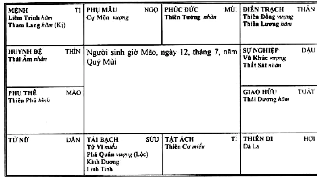 Hình 195: người sinh giờ Mão năm Quý Mùi, Liêm Trinh Tham Lang Hóa Kị thủ mệnh ở Tị, Kình Dương Linh Tinh ở cung tài bạch Sửu, Đà La ở Hợi