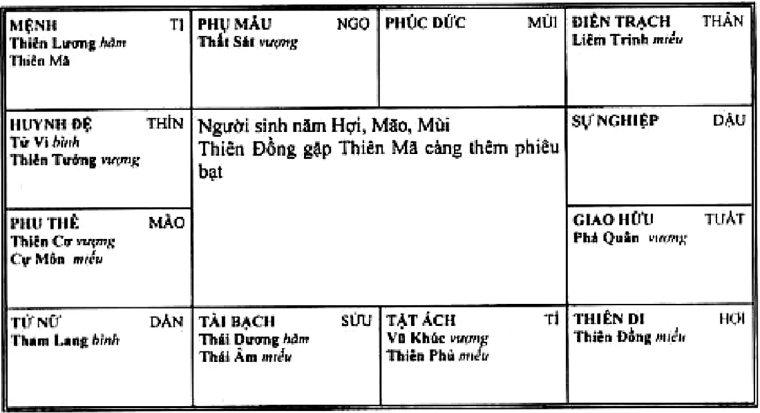 Hình 207: người sinh năm Hợi, Mão, Mùi, Thiên Lương hãm cùng Thiên Mã thủ mệnh ở Tị, Thiên Đồng ở cung thiên di Hợi, gặp Thiên Mã càng thêm phiêu bạt