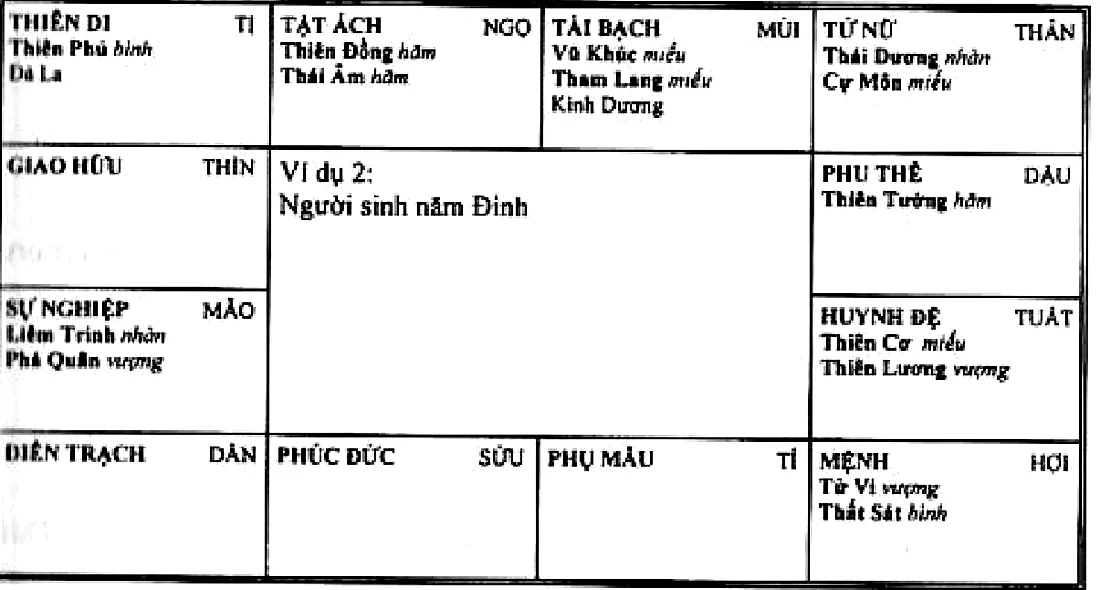 Hình 219: ví dụ 2, người sinh năm Đinh, Tử Vi Thất Sát thủ mệnh ở Hợi, Liêm Trinh Phá Quân ở cung sự nghiệp Mão