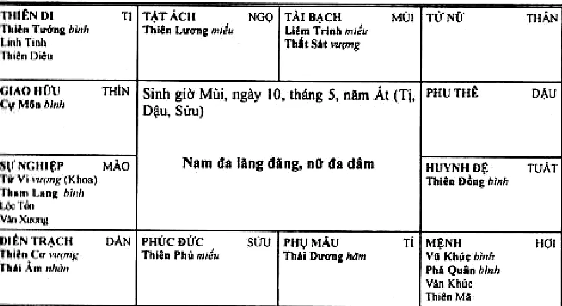 Hình 220: sinh giờ Mùi năm Ất, Vũ Khúc Phá Quân cùng Văn Khúc, Thiên Mã thủ mệnh ở Hợi, Tử Vi Hóa Khoa Tham Lang cùng Lộc Tồn, Văn Xương ở Mão, chủ về nam đa lãng đãng, nữ đa dâm