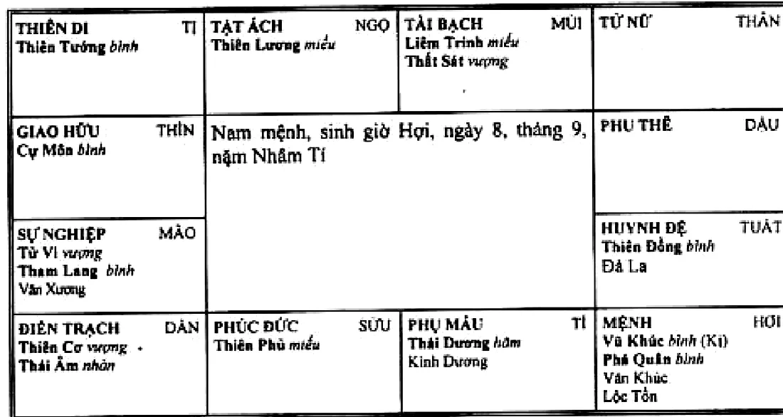 Hình 221: nam mệnh sinh giờ Hợi năm Nhâm Tí, Vũ Khúc Hóa Kị Phá Quân cùng Văn Khúc, Lộc Tồn thủ mệnh ở Hợi