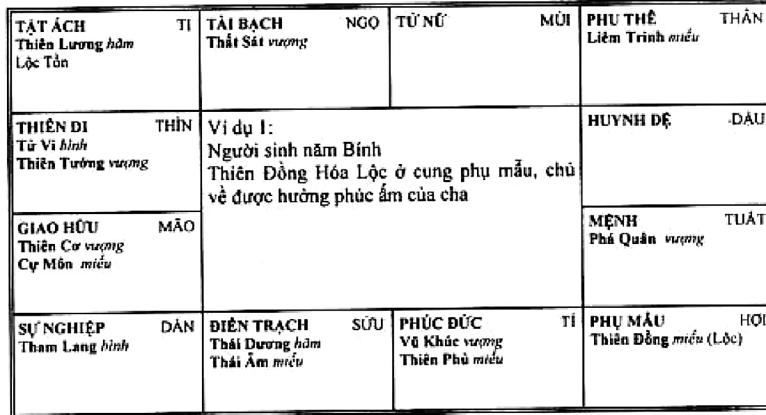 Hình 222: ví dụ 1, người sinh năm Bính, Phá Quân thủ mệnh ở Tuất, Thiên Đồng Hóa Lộc ở cung phụ mẫu Hợi, chủ về được hưởng phúc ấm của cha