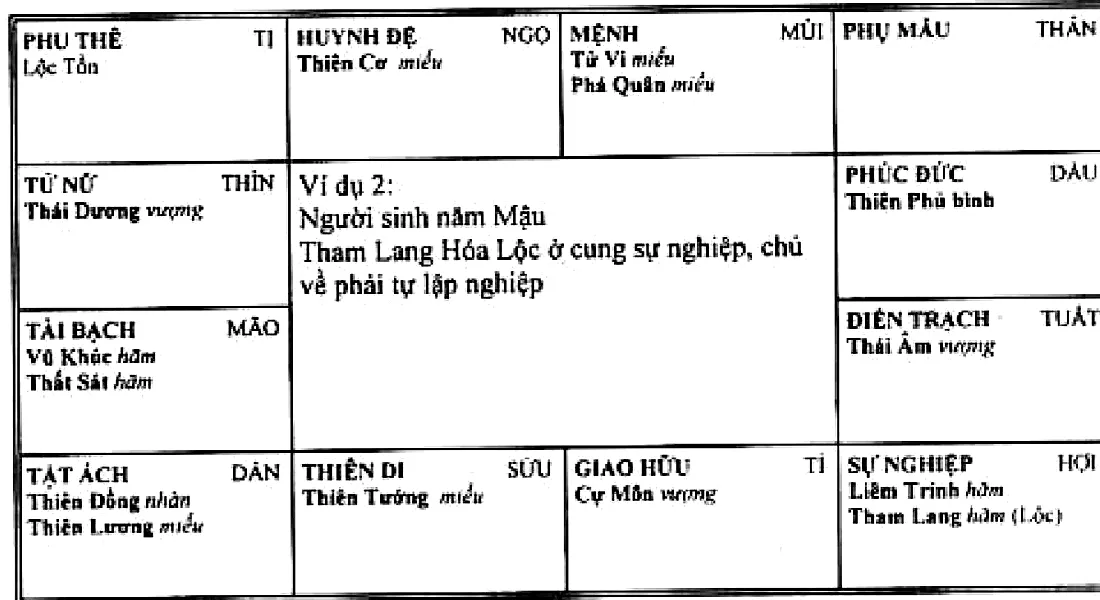 Hình 223: ví dụ 2, người sinh năm Mậu, Tử Vi Phá Quân thủ mệnh ở Mùi, Tham Lang Hóa Lộc ở cung sự nghiệp Hợi, chủ về phải tự lập nghiệp