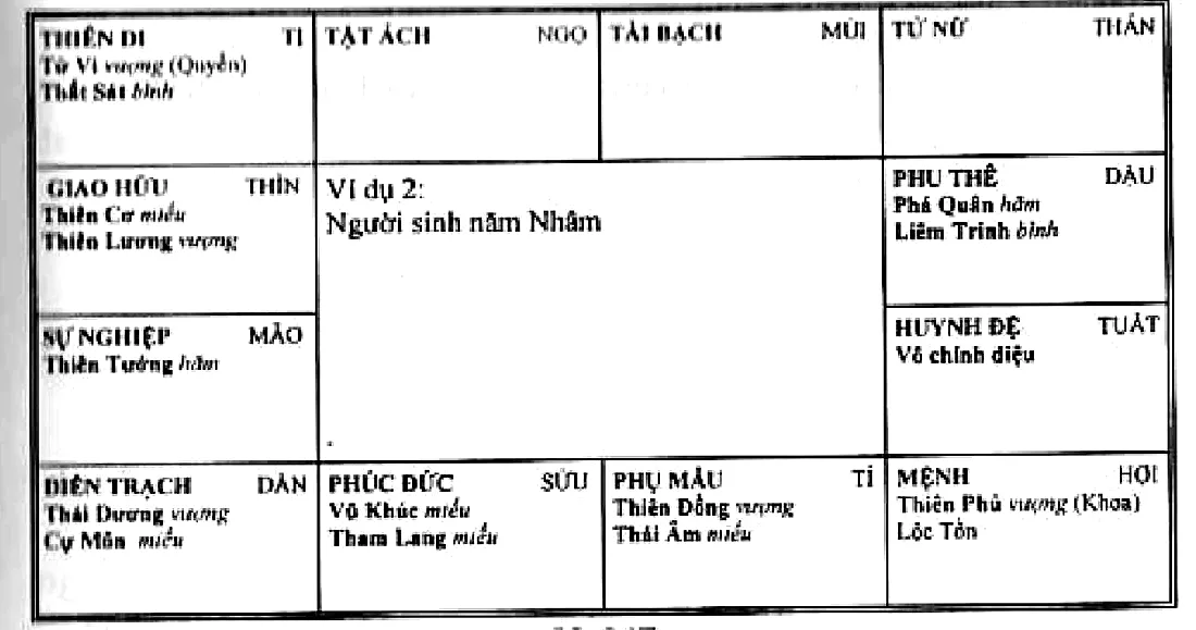 Hình 247: ví dụ 2, người sinh năm Nhâm, Thiên Phủ vượng Hóa Khoa cùng Lộc Tồn thủ mệnh ở cung Hợi, Tử Vi vượng Hóa Quyền cùng Thất Sát ở cung thiên di Tị