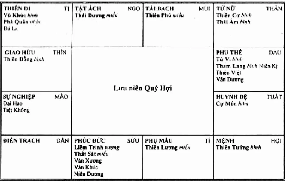 Tinh bàn lưu niên Quý Hợi, cung phu thê ở Dậu có Tử Vi, Tham Lang Hóa Kị và Vận Dương