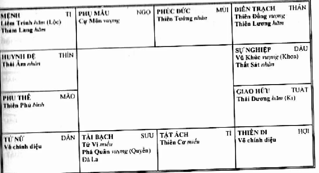 Mệnh bàn Liêm Trinh Hóa Lộc, Tham Lang thủ mệnh ở Tị, cung tài bạch Tử Vi, Phá Quân Hóa Quyền, Đà La