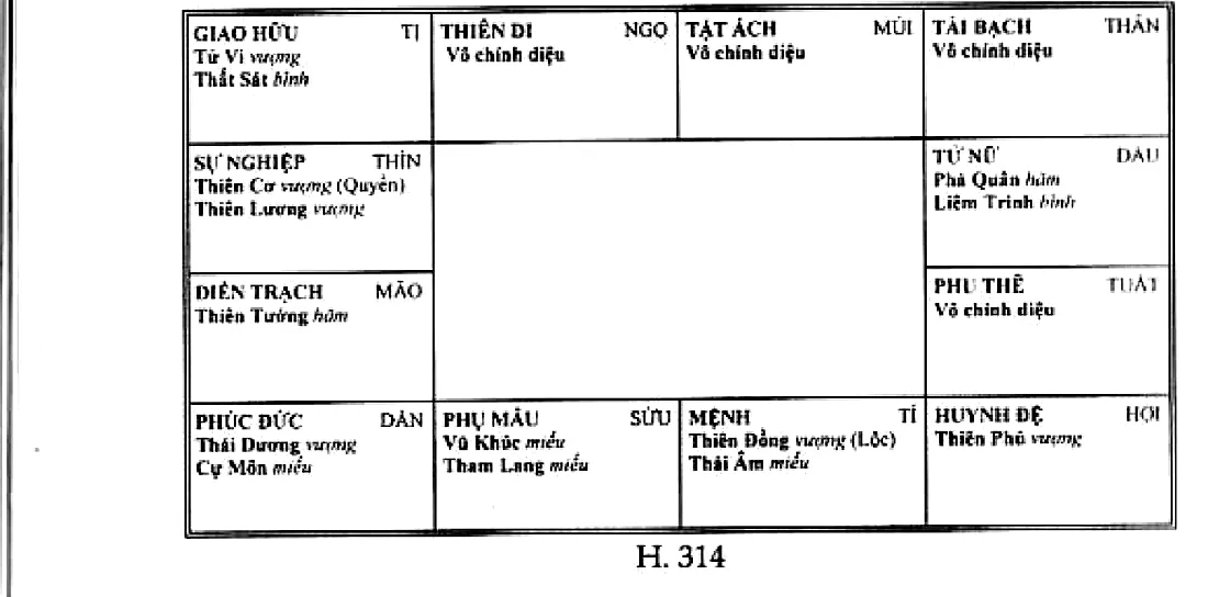 Mệnh bàn Thiên Đồng, Thái Âm Hóa Lộc ở Tí, cung sự nghiệp Thiên Cơ, Thiên Lương Hóa Quyền, cung tài bạch mượn Thái Dương, Cự Môn