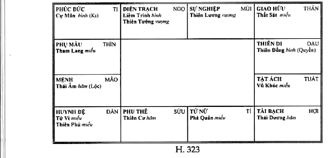 Mệnh bàn Thái Âm độc tọa Hóa Lộc ở Mão, cung sự nghiệp Thiên Lương độc tọa, cung tài bạch Thái Dương độc tọa, đối cung Cự Môn Hóa Kị