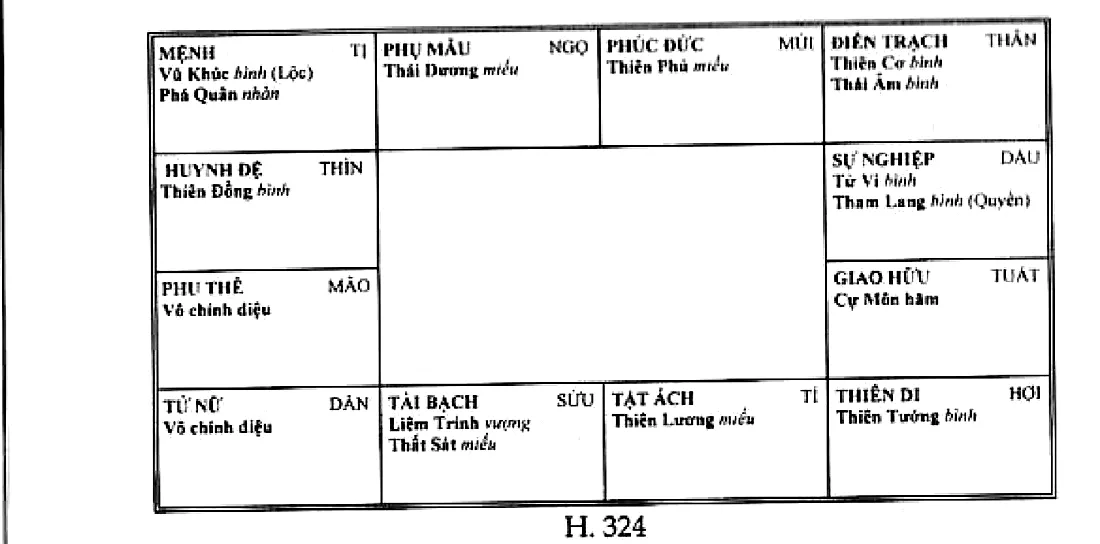 Mệnh bàn Vũ Khúc, Phá Quân Hóa Lộc ở Tị, cung sự nghiệp Tử Vi, Tham Lang Hóa Quyền, cung tài bạch Liêm Trinh, Thất Sát